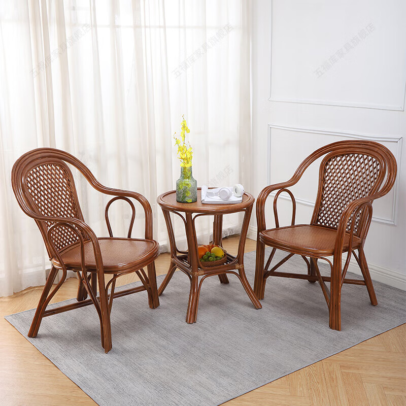 Wufuku genuine rattan rattan chair three-piece set for the elderly with backrest single chair for home living room study balcony leisure handmade old-fashioned Teng chair coffee color - grid eight-character chair (single chair)