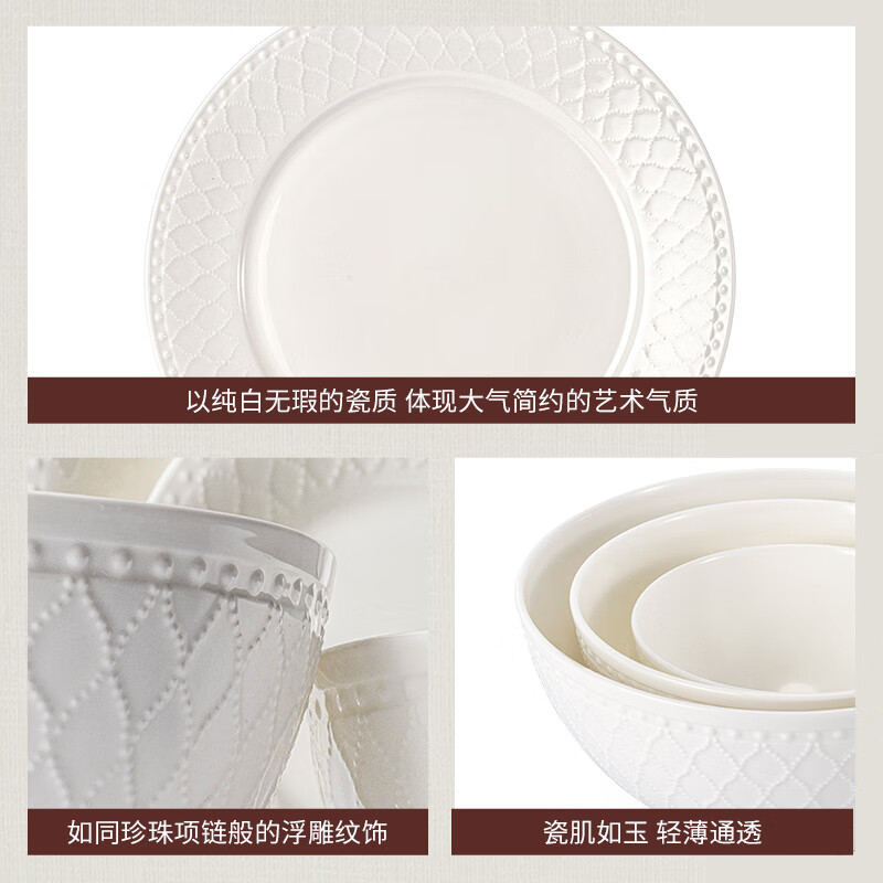 Margot annual party gift Fontainebleau high-end porcelain tableware complete set of pure white relief tableware bowls and plates housewarming gift tableware gift box set for 4 people 19 pieces