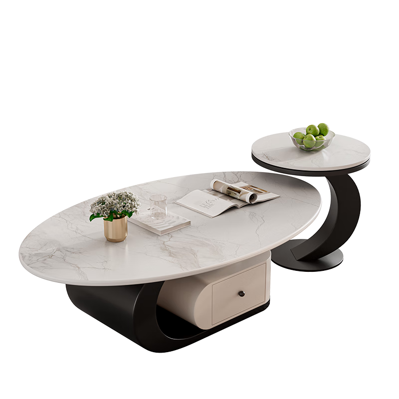 Yuelun Italian light luxury microcrystalline stone slate coffee table simple and modern 2025 new home living room small apartment high-end coffee table black frame + white drawer 120+50 (swan white)