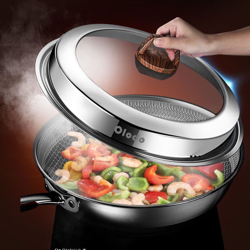 Olodo soup pot, steamer, wok, transparent tempered glass pot lid, thickened and elevated stainless steel countertop, stand-up cover with handle, 34cm full see-through, with 2 handles (can stand up