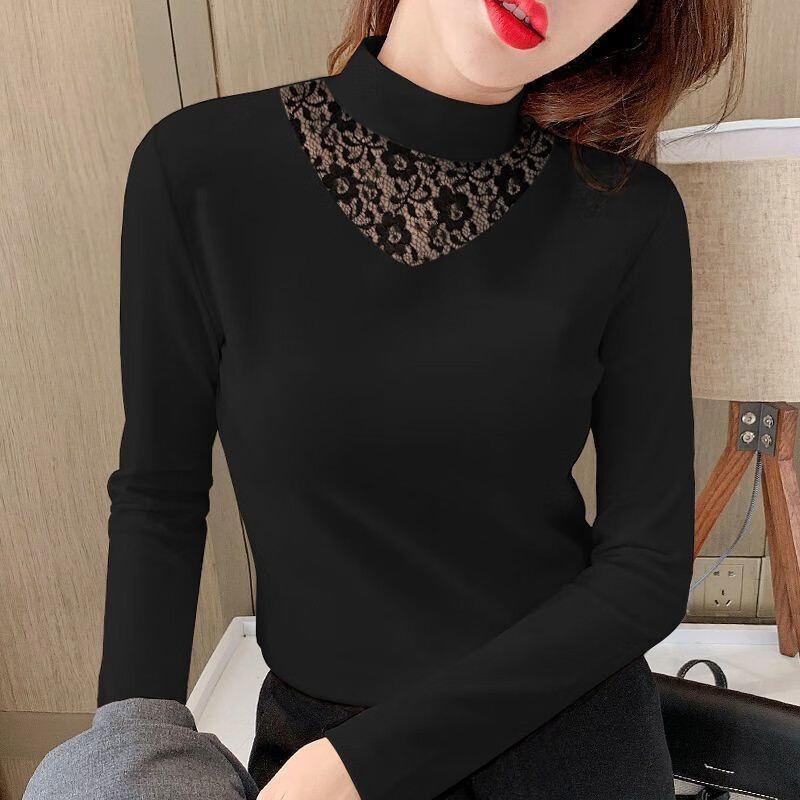 Pure letter bottoming shirt for women 2025 autumn and winter new style warm and fashionable half-high collar versatile lace fashionable and elegant inner top for women 1 double-sided German velvet-brown M recommended 80-100 pounds
