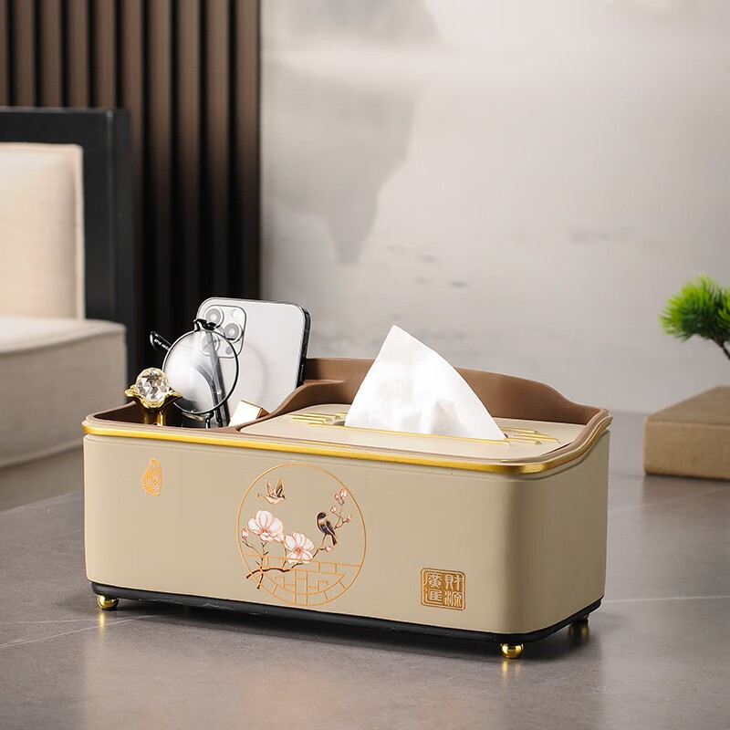 Yanze new Chinese style tissue box living room high-end light luxury design coffee table multi-function paper box home remote control storage box flower and bird storage box large (s031 marl)