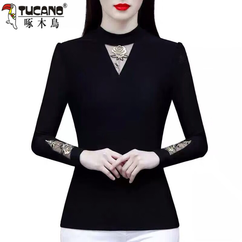 Woodpecker black long-sleeved shirt versatile 2025 beautiful outer wear half turtleneck mesh bottoming shirt warm autumn and winter plus velvet thickening black style regular XL recommended 110-120 pounds