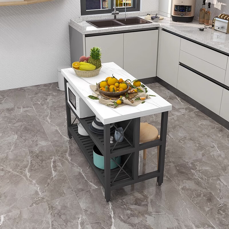 Center island kitchen dining table integrated small apartment storage operation cooking table sideboard marble movable island table length 80*width 60*height 85cm with pulleys