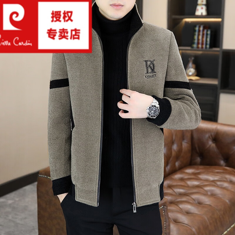 Pierre Cardin autumn and winter woolen coat men's short woolen coat gold mink velvet men's casual velvet thickened jacket 5522 khaki thickened velvet L 110-125 catties