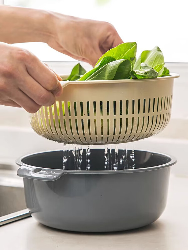 Camellia Valley double-layer drain basket vegetable basin fruit plate kitchen living room home round vegetable basket simple plastic storage frame medium military green 2-piece set