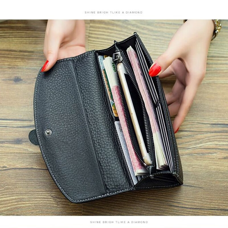 Sephoron New Year's New Genuine Leather Korean Version Soft Leather Wallet Multiple Card Slots Simple Valentine's Day Wallet for Mobile Phone Trendy Black