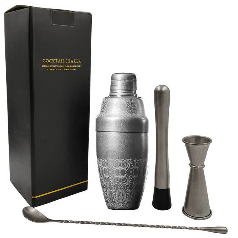 Fernas 304 stainless steel American-style cocktail shaker three-piece set engraved shaker ounce cup crushed popsicle shaker shaker American-style 500ml old engraved-4-piece set
