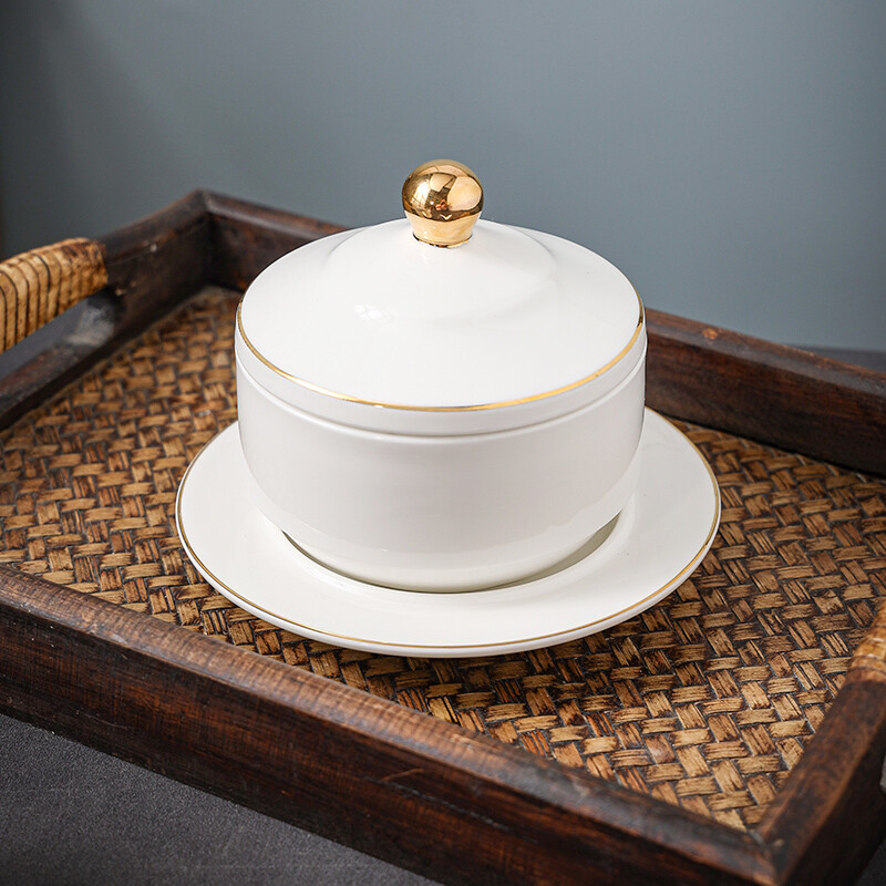 Chidu bird's nest bowl stew pot with lid, water-proof stew pot, high-end liner, household soup bowl, steaming bowl, steamed egg cup, dessert jar, hotel high-end tableware, Buddha jumping over the wall, fish glue, sea cucumber cup, small soup cup, 4-inch patternless European-style cup (with plate) + spoon - inlaid with gold