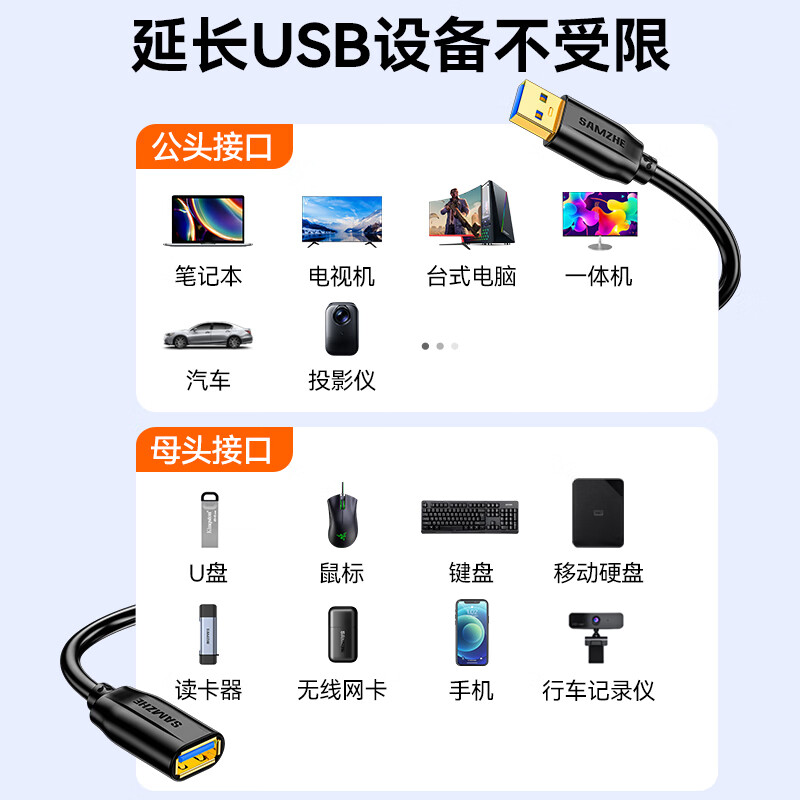 Shanze usb3.0 extension cable 2 meters male to female TV USB disk mouse keyboard extension cable computer hard disk data connection extension cable printer splitter adapter cable UK-020