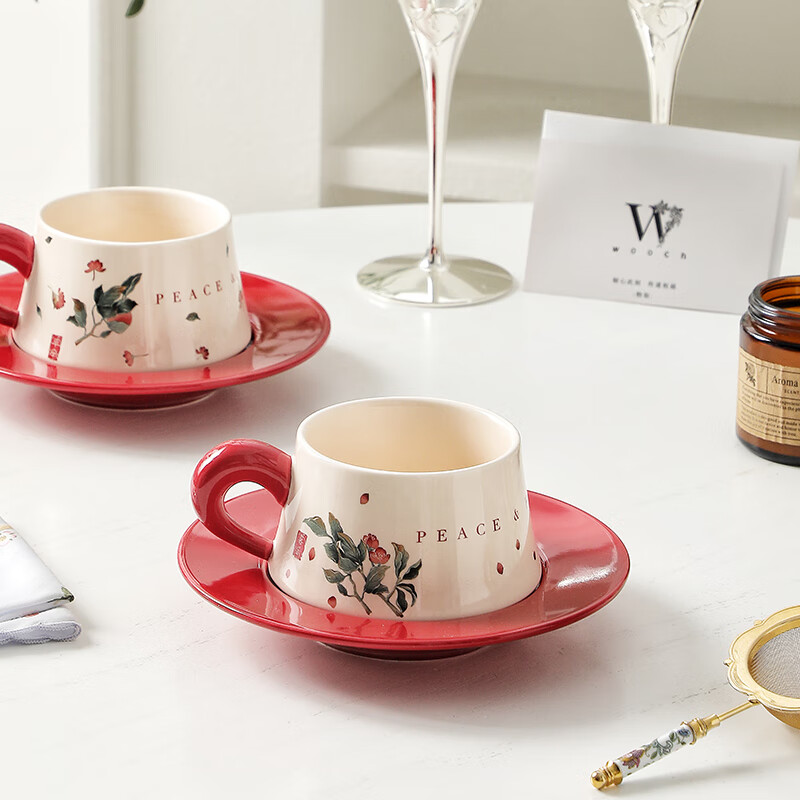 WOOCH Peace and Joy Wedding Gift Coffee Pair of Cups and Saucers Gift Box High-end Exquisite Luxury New Home Move-in Gift for New Year Peace and Joy Pair of Cups-Peace + Joy + Red Gift Box