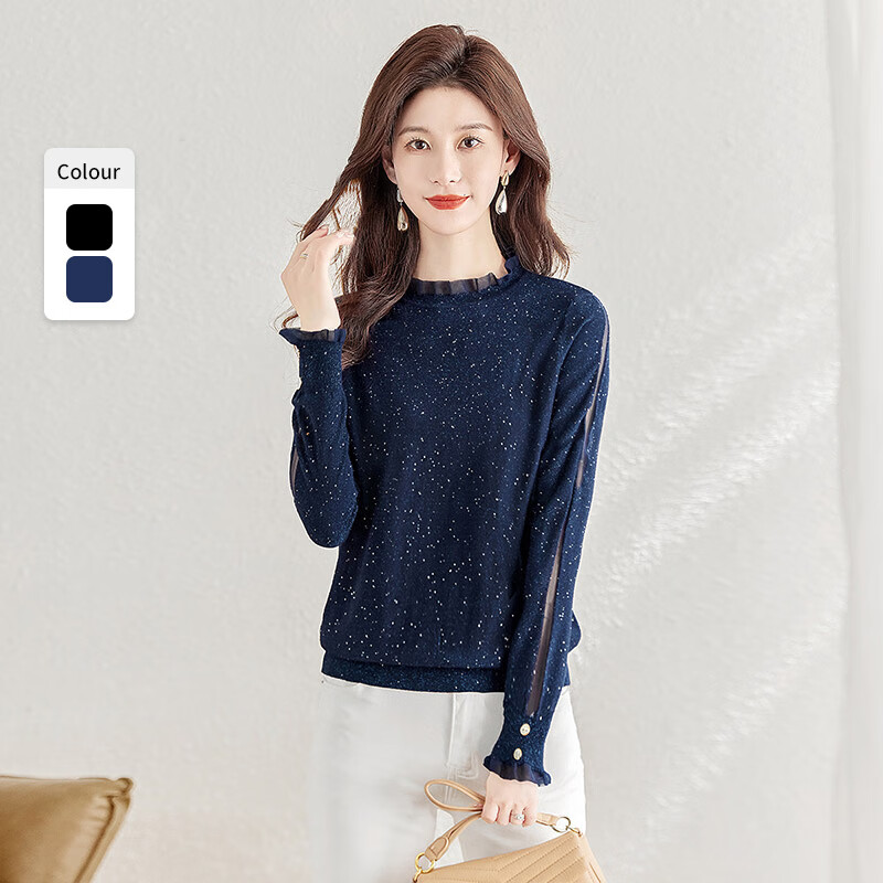 Cypress ear-hemmed bottoming shirt 2025 autumn new women's mesh splicing long-sleeved short top