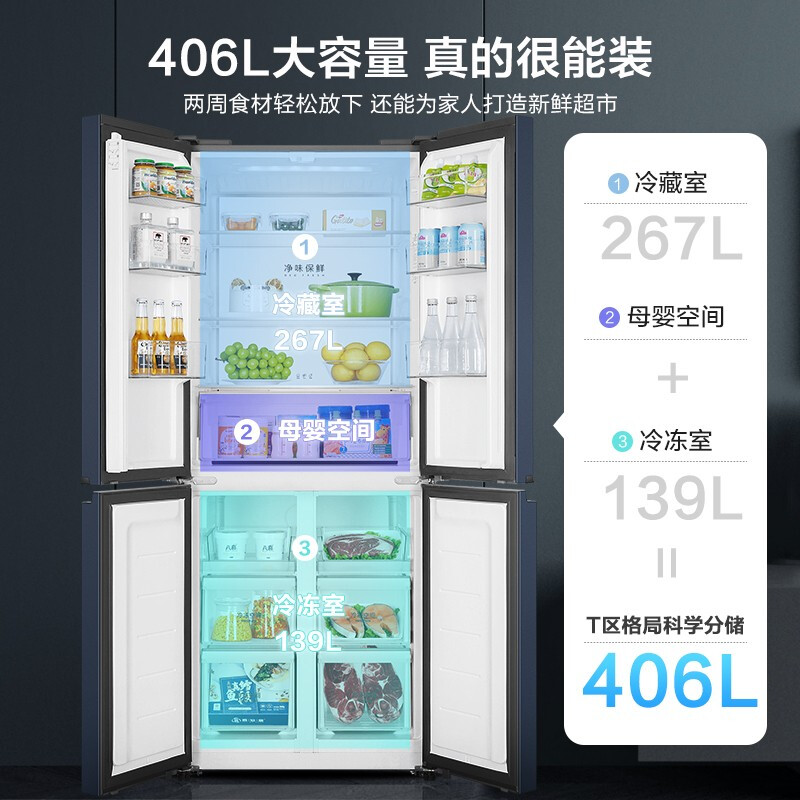 Haier new product Haier refrigerator four-door cross double-door frequency conversion energy-saving new level energy efficiency air-cooled frost-free ultra-thin household fresh pie series refrigerator 20% national subsidy 406 liters of good appearance + odor preservation + maternal and child space
