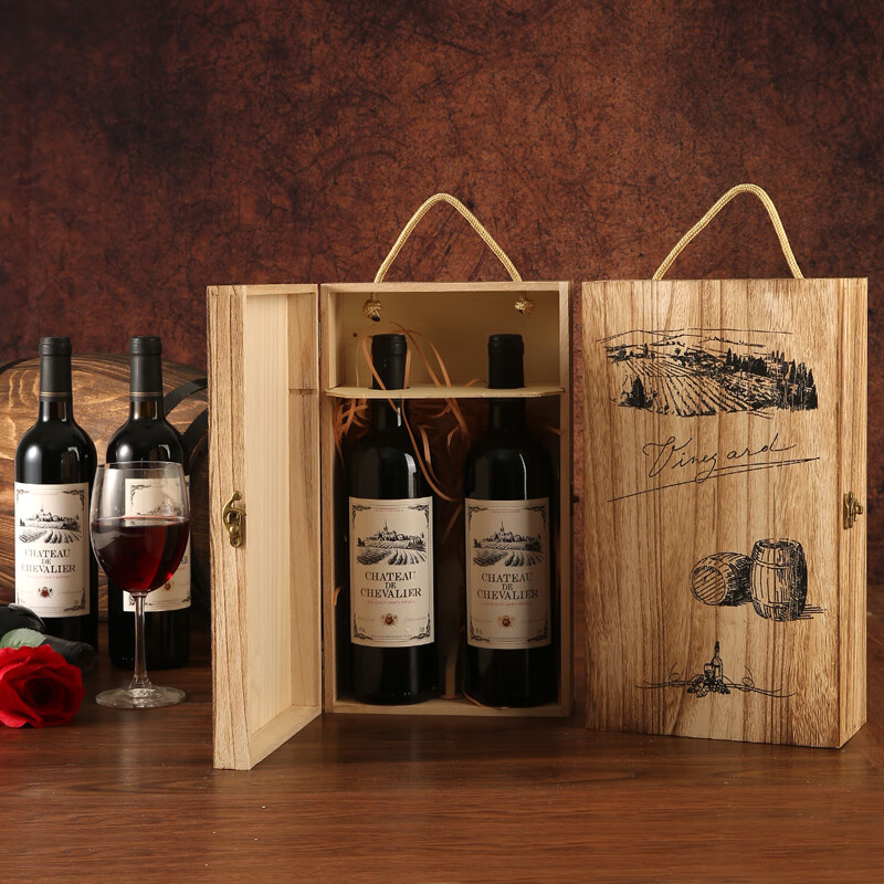 Art Bird Red Wine Box Wooden Box Double Wine Packaging Box Paulownia Wooden Wine Box Gift Box Universal Version Burnt Color Retro Wooden Box + Kraft Paper Bag