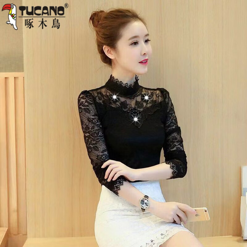 Woodpecker 2025 new spring, summer and autumn lace bottoming shirt for women with velvet to keep warm and stylish small shirt lace top long-sleeved shirt winter 886 black (style) plus velvet XL recommended 110-120 pounds