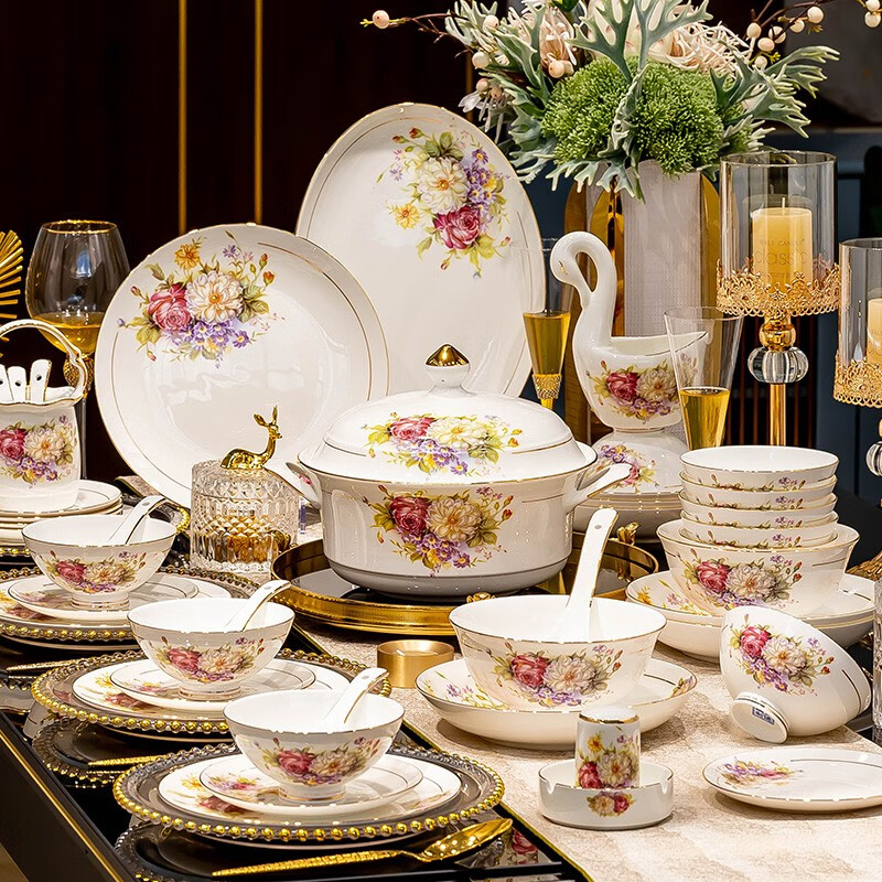 Cichuanna Jingdezhen dish set household Chinese light luxury gold-rimmed bone china tableware complete set of bowls and dishes wedding and housewarming gift with flowers in bloom for 10 people, leather box, 60 pieces