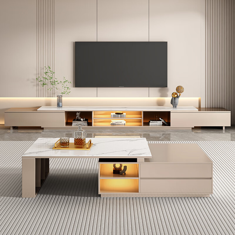 Mushun light luxury coffee table TV cabinet modern simple home living room storage cabinet small apartment retractable TV cabinet combination retractable TV cabinet 1.8-2.6 meters light luxury gray