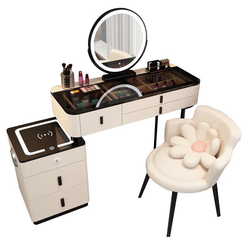 Xunhuai dressing table bedroom master bedroom new mini dressing table storage cabinet integrated modern simple light luxury small apartment gray and black 80cm + smart cabinet + round mirror + small flower chair