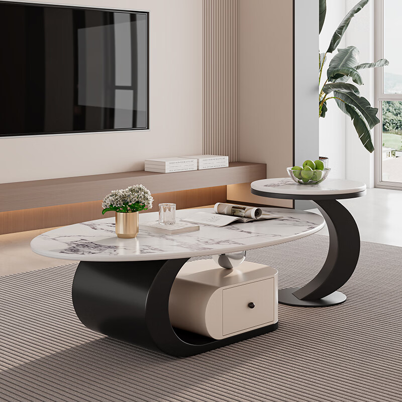 Yuelun Italian light luxury microcrystalline stone slate coffee table simple and modern 2025 new home living room small apartment high-end coffee table black frame + white drawer 120+50 (swan white)