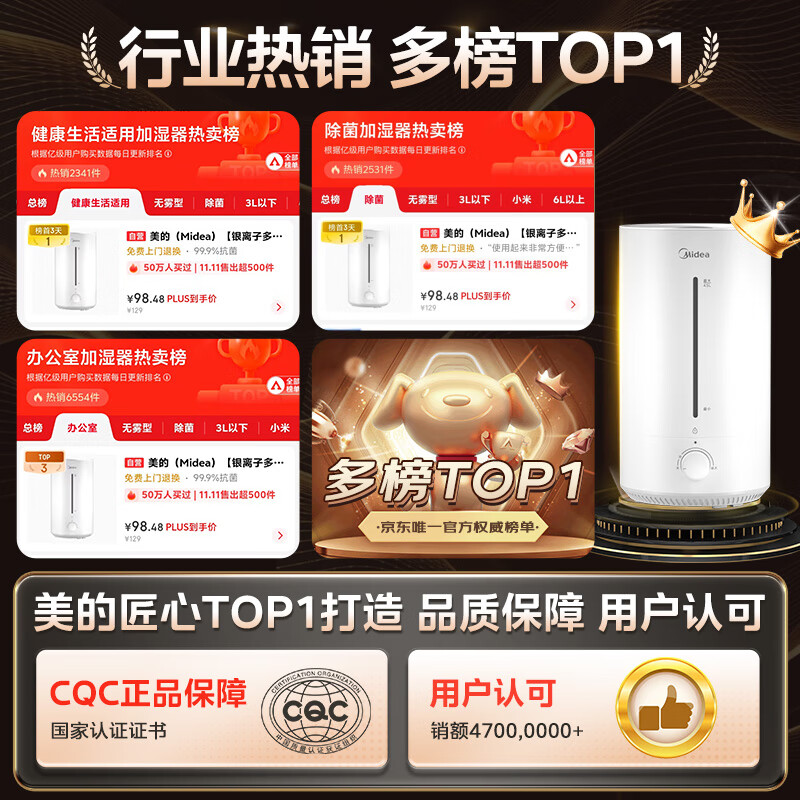 Midea air humidifier for home bedroom and living room, pregnant women, mothers, infants and children with rhinitis, silent antibacterial, large mist volume, air conditioning, heating, desktop small sprayer, New Year's Day gift 3VWL