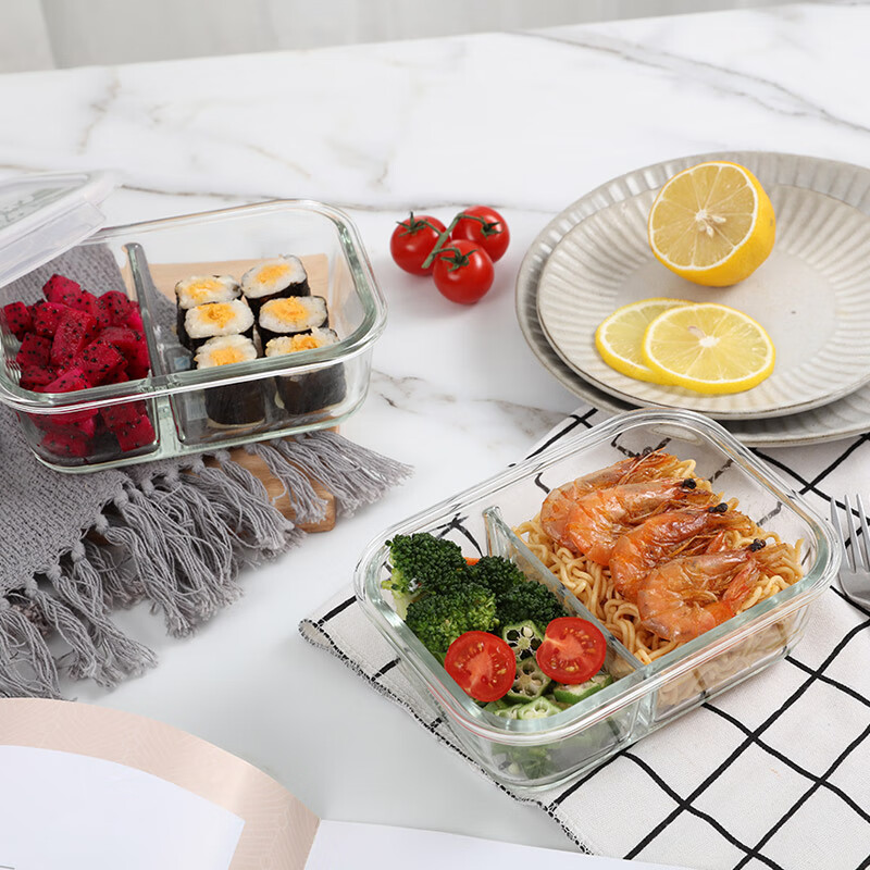 LOCK&LOCK heat-resistant glass crisper microwave lunch box sealed lunch box lunch box refrigerator storage box 600ml two partitions