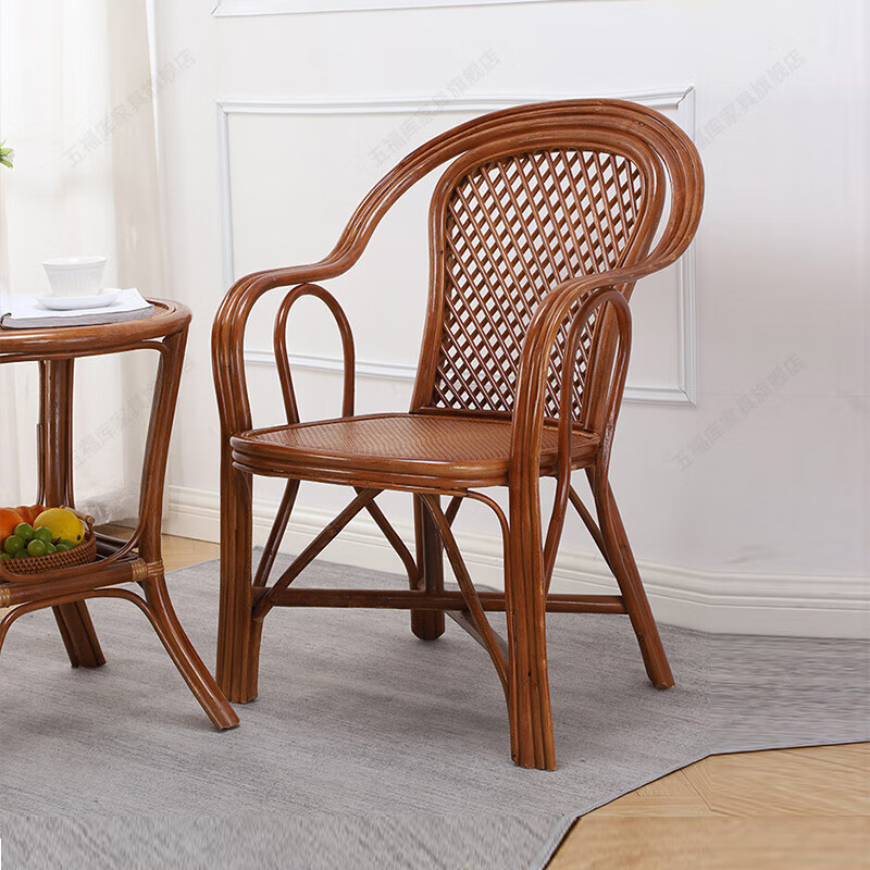 Wufuku genuine rattan rattan chair three-piece set for the elderly with backrest single chair for home living room study balcony leisure handmade old-fashioned Teng chair coffee color - grid eight-character chair (single chair)