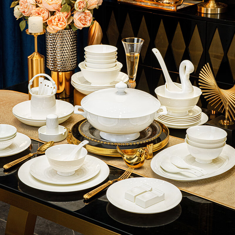 NINE CRANES high-end bowl set bone china household pure white Jingdezhen ceramic bowls and plates tableware high-end housewarming gift set first-class bone china | brocade box packaging | with lucky pot 70-piece set