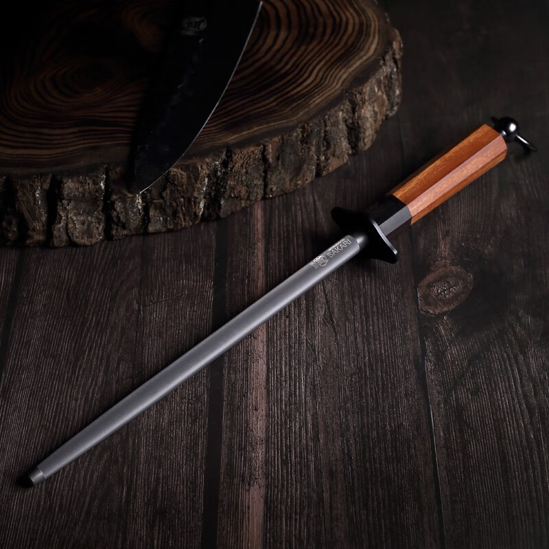 Sanbonsheng Japan imported knife sharpening stick butcher special slaughtering commercial fine grinding professional sharpening stick steel rod household knife sharpening artifact 12-inch round sharpening stick solid wood handle