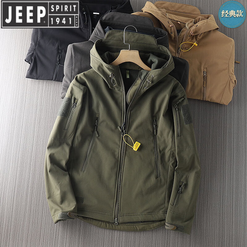 JEEP SPIRIT Jeep Brand Wall Crack Outdoor Tactical Soft Shell Jacket Men's Spring, Autumn and Winter Plus Velvet Windproof and Waterproof Jacket Military Green BAB02 S (80-100 catties)