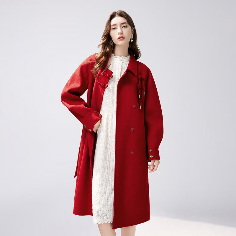Qiushui Yiren 100% sheep wool Chinese style double-sided woolen coat winter women's silhouette coat Christmas red bright red M