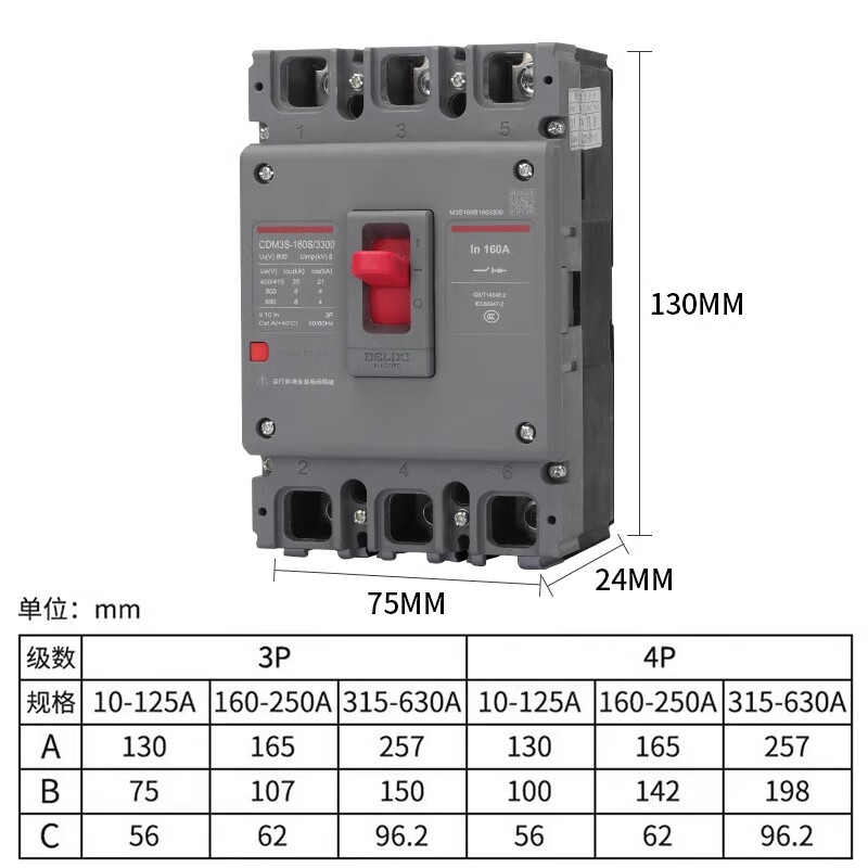 Delixi plastic case circuit breaker CDM3S air switch 100A160A250A400 three-phase 3P four-wire 4P380v 125A 3P