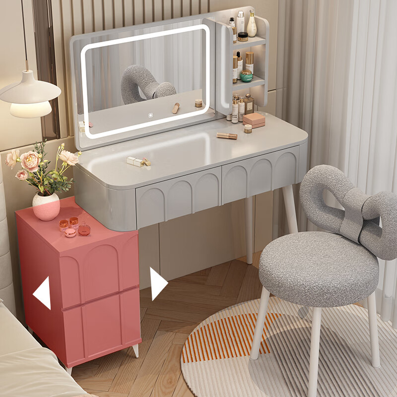 DUMANNI Cream Style Dressing Table Bedroom Modern Simple Small Apartment Solid Wood Dressing Table Desk Cabinet Desk Mirror Integrated Cream White 100 Table + Storage Cabinet + Mirror + Petal Chair Complete
