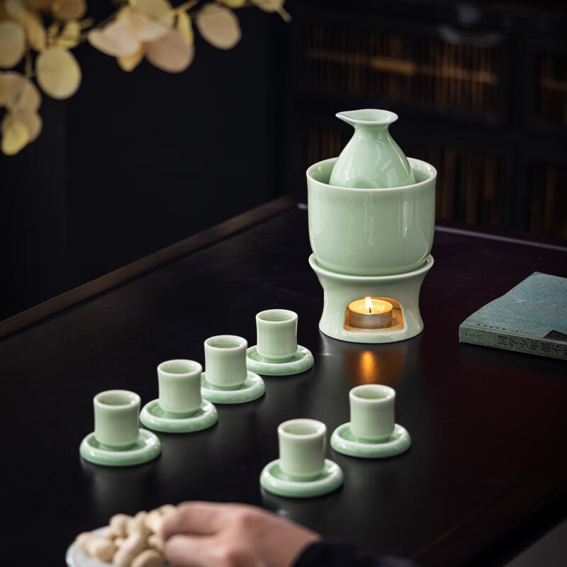 Yuansu FATEHOUSE Longquan Celadon Ceramic Wine Set Warm Wine Candle Wine Divider White Wine Cup Rice Wine Sake Hot Wine Set Logo Longquan Celadon Warm Wine Cup + Sauce