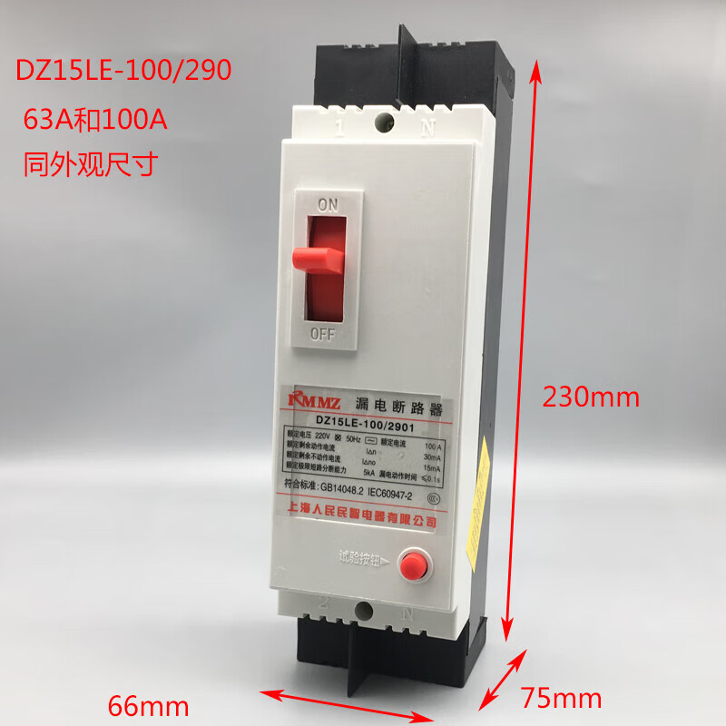 2P100A plastic case leakage circuit breaker DZ15LE-100/290 63A leakage protector 220V switch 40A 2P