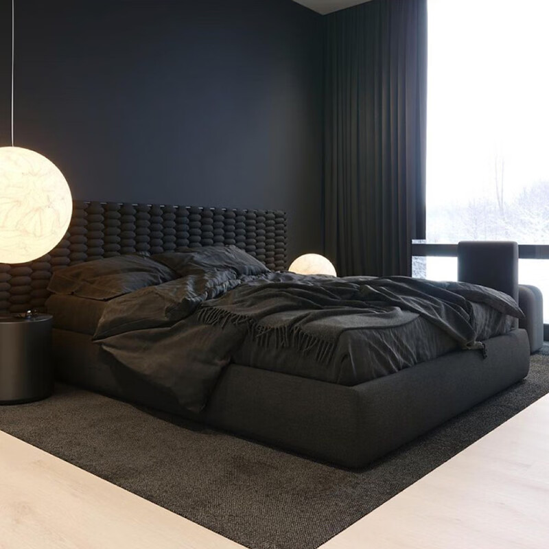 No bedside bed frame, backless bed, minimalist headless bed, fabric bed, fabric bed, black Japanese tatami large bed, no bedside bed frame, backless bed, headless bed + latex mattress, 1500mm*2000mm assembled box bed