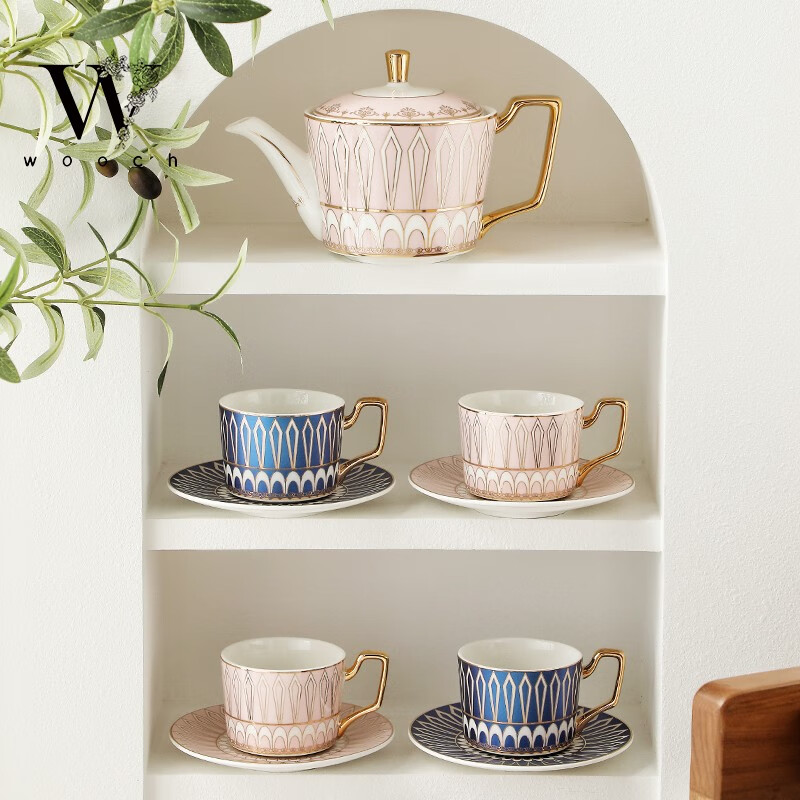 WOOCH Victoria 1 Pot 4 Cups and Saucers Gift Box Light Luxury Afternoon Tea Set New Home Gift Wedding Gift Victoria 1 Pot 4 Cups and Saucers - Brilliant Blue + Red Gift Box