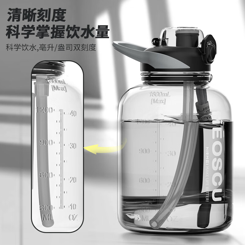 NRMEi sports water bottle large capacity tritan high temperature resistant men's portable fitness water bottle plastic ton bucket ton water cup black fashionable and convenient 90% choice 1800ml