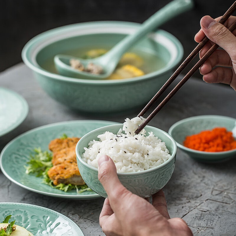 Su's Ceramics New Year's Gift Celadon Set Tableware Blooming Wealth 25-Head Ceramic Plate Bowl Gift Box G90373-1