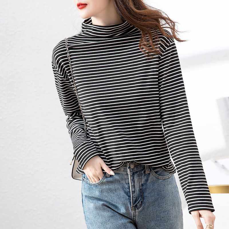 Demana (dme) super elastic striped half turtleneck comfortable striped bottoming shirt for women with top and bottoming shirt for women, black L