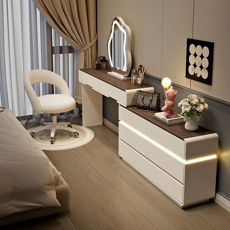 Yuke Dressing Table with Lights New Solid Wood Small Apartment Modern Simple Dressing Table Bedroom Drawer Cabinet Integrated Light Luxurious and High-Level 100cm White Walnut Surface + Six Drawer Cabinet + Round Mirror + Storage Pumpkin Stool