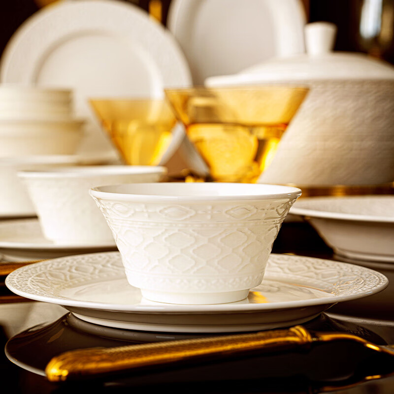 NINE CRANES embossed tableware complete set of household bowls and plates, high-end Jingdezhen underglaze color bone china tableware, housewarming gift bowl and dish set, 60-piece set丨Jingdezhen first-class underglaze color bone china