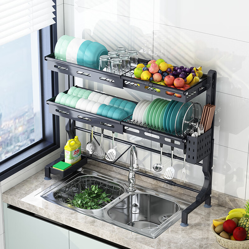 Shouqi 304 stainless steel kitchen sink rack wash basin drain bowl rack multi-functional retractable dish storage rack M005S double layer silver (full set of accessories)