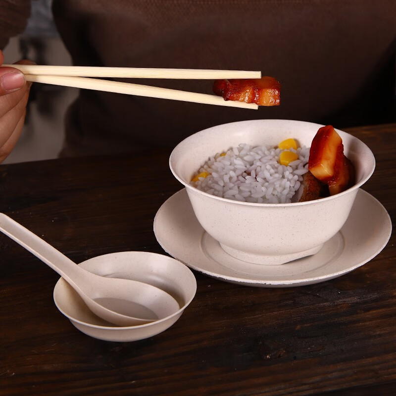 Chulv (CHULV) white rice husk disposable tableware and chopsticks set wedding food stall restaurant four-piece set bowls, cups, saucers, spoons and chopsticks paper bag independent set of 4 pieces 90 sets