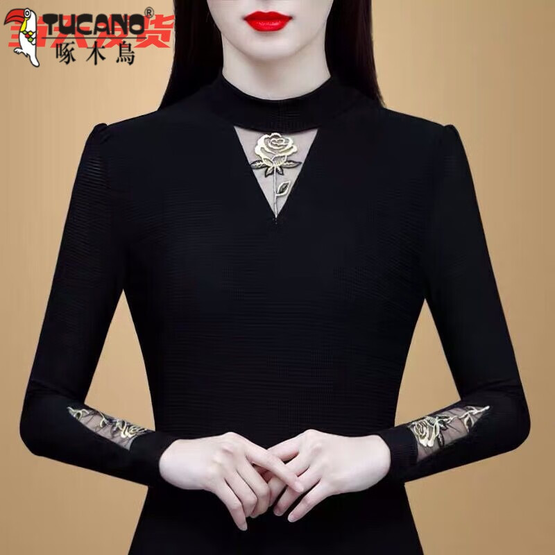 Woodpecker black long-sleeved shirt versatile 2025 beautiful outer wear half turtleneck mesh bottoming shirt warm autumn and winter plus velvet thickening black style regular XL recommended 110-120 pounds