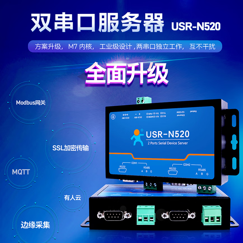 Some Internet of Things RS485 dual serial port server bidirectional transparent transmission edge collection calculation automatic reporting USR-N520-H7
