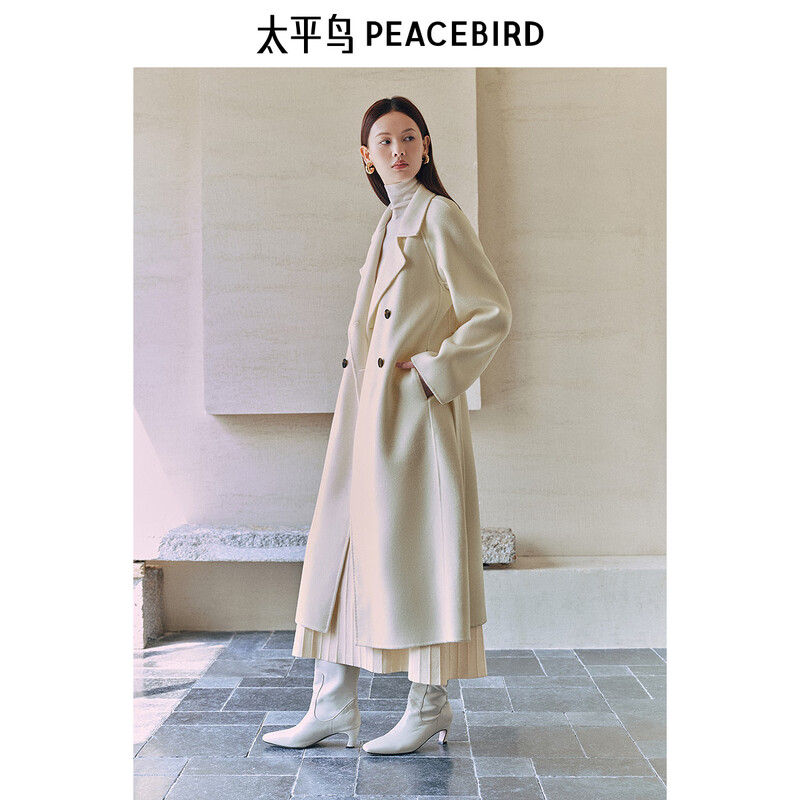 PEACEBIRD Women's Woolen Coat Master Zhen velvet series bathrobe double-sided woolen Hepburn style off-white M