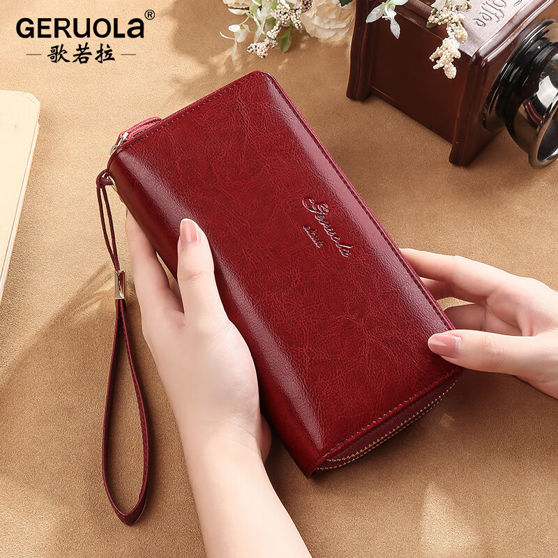 Gorola Wallet Women's Long Genuine Leather Fashion Temperament Versatile Soft Leather Large Capacity Zipper Wallet Clutch Can Hold Mobile Phone Bag Burgundy (Double Zipper) Anti-Theft Brush