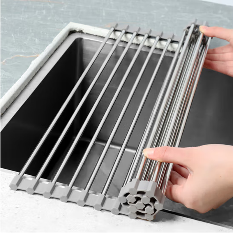 Baijie Kitchen Sink Drain Rack Pool Tableware Water Control Rack Silicone Foldable Storage Roller Curtain 18 Tubes