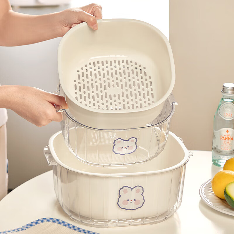 YOUQIN sink double-layer drain basket kitchen supplies living room tea table fruit plate basket basin vegetable washing basin 2.5L white medium double-layer drain basket