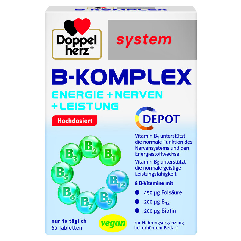 Doppel herz upgraded version of B complex vitamins 60 tablets. Added active folic acid to improve metabolism and relieve stress. Stay up late when working overtime.